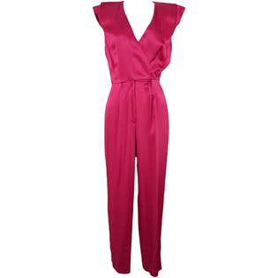 Thrilling 80's Raspberry Satin Short Sleeve Jumpsuit by A La Carte California – Thrilling