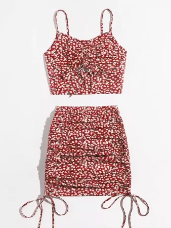 red Drawstring Knot Cut Out Front Ditsy Floral Cami Top & Ruched Skirt Set | SHEIN USA