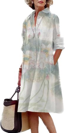 Amazon.com: Women Long Sleeve Linen Dresses MIdi Length Casual Graphic Print Elegant Shirt Dress : Clothing, Shoes & Jewelry