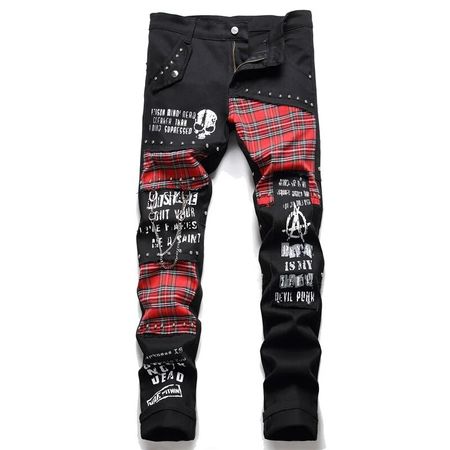 Homens escoceses xadrez vermelho Tartan Patchwork Jeans, remendo de rebite punk, calça jeans preta, letras de crânio impressas, calças retas finas - AliExpress