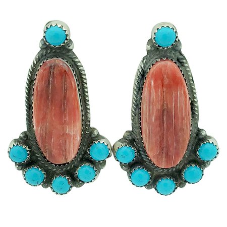 Delvin Brown Navajo Handmade Turquoise And Spiny Oyster Shell Earrings