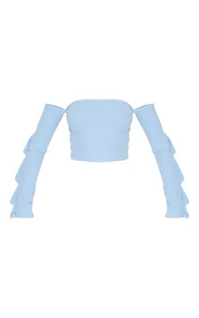 Dusky Blue Crepe Bardot Frill Sleeve Crop Top | PrettyLittleThing