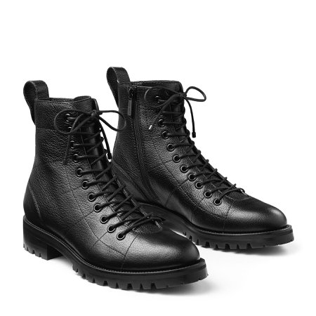 Black Grainy Leather Combat Boots|CRUZ FLAT| Autumn Winter 19| JIMMY CHOO
