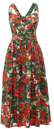 Geranium Print Cotton Poplin Midi Dress - Womens - Red Multi