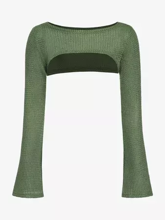 ZAFUL Women's Daily Solid Color Semi-sheer Knit Openwork Flare Sleeve Crop Shrug Style Sweater In DEEP GREEN | ZAFUL 2024