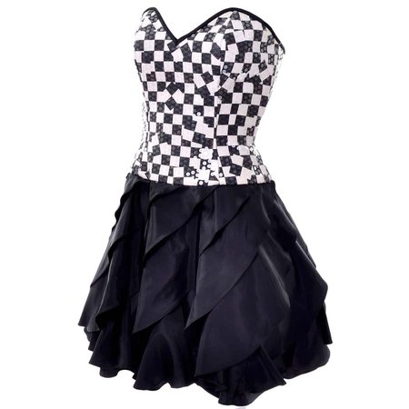Lillie Rubin Vintage Black and Ivory Checked Sequined Strapless Dress, 1980s For Sale at 1stDibs
