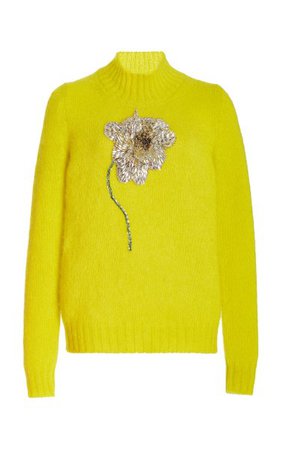 Crystal-Flower Accented Mohair Wool Knit Top By Oscar De La Renta | Moda Operandi