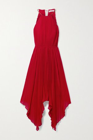 Chain-embellished Asymmetric Pleated Crepe Dress - Red