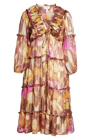 River Island Ruffle Sparkle Long Sleeve Tiered Midi Dress | Nordstrom
