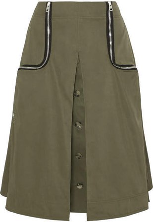 Zip-detailed Twill Midi Skirt - Army green