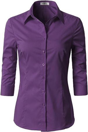 DOUBLJU Womens Slim Fit Button Down 3/4 Sleeve Slim Fit Dress Shirt Violet Medium at Amazon Women’s Clothing store