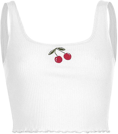 SansoiSan Women Ribbed Knit Cherry Embroidery Pattern Camisole Sleeveless Crop Tops Black Small at Amazon Women’s Clothing store