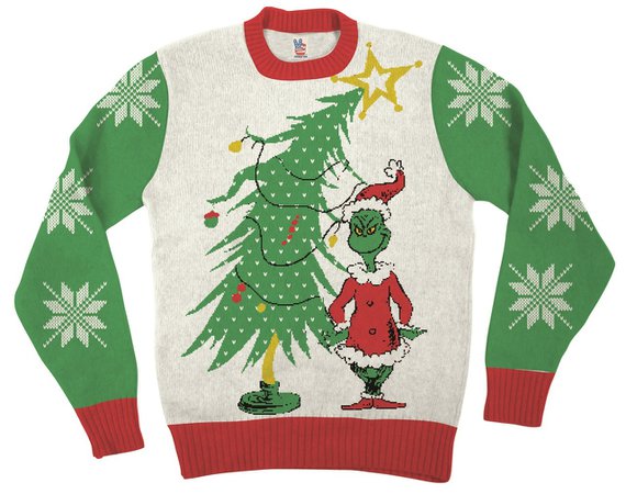 Dr Seuss Grinch As Santa Next To Tree Adult Off-White Ugly Christmas Sweater - Ugly Christmas Sweaters - | TV Store Online