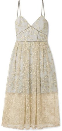 Chain-trimmed Embroidered Tulle Midi Dress - Gold