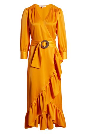 WAYF Savoia Belted Satin High/Low Midi Dress orange