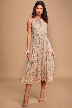 Cute Beige Floral Print Dress - Midi Dress - Pleated Dress