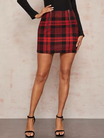 Zipper Front Plaid Bodycon Skirt | SHEIN USA
