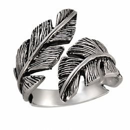 Oxidized Feather Bypass Ring in Stainless Steel