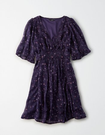 AE Studio Chiffon V-Neck Mini Dress Purple Print Floral