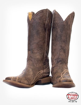 Brown distressed leather riding boot with caramel embroidery and barbed wire accent