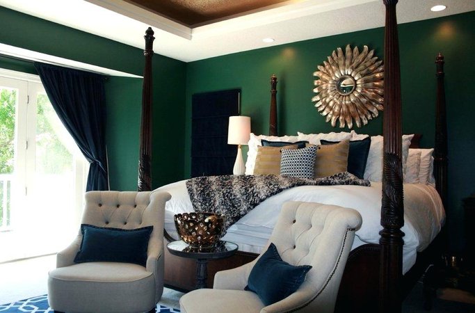 emerald-wall-bedroom-transitional-with-navy-lattice-pattern-rug-in-master-traditional-side-tables-and-end-green-metallic-paint.jpg (990×652)
