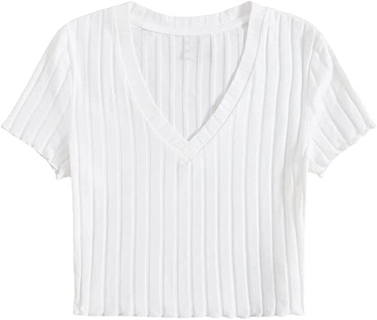SweatyRocks Women's V Neck Short Sleeve Crop Top Lettuce Trim Ribbed Knit T-Shirt at Amazon Women’s Clothing store