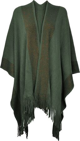 ZLYC Women's Shawl Golden Trim Knit Blanket Wrap Fringe Poncho Coat Cardigan (Army Green) at Amazon Women’s Clothing store