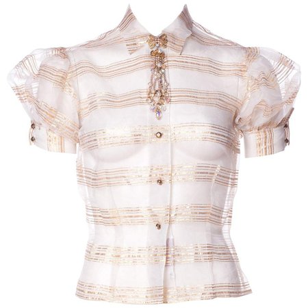 1950s Sheer Blouse With Gold Lurex Stripes And Crystal Brough For Sale at 1stdibs