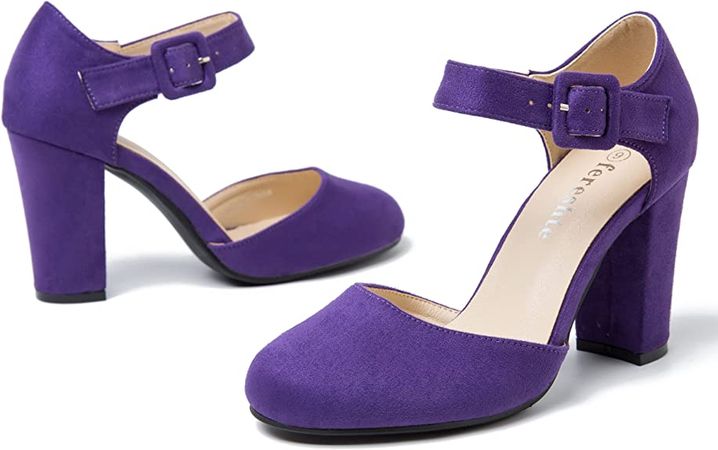 Amazon.com | Women's Ankle Strap Pumps Block High Heel Closed Toe D'Orsay Mary Jane Shoes Suede Purple 26.44cm Insole - US 10 | Pumps