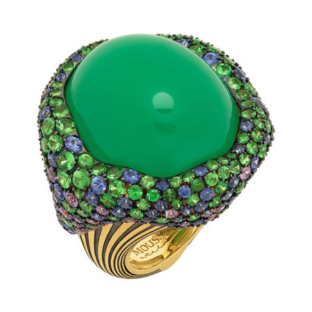 Mousson Atelier Chrysoprase 40.30 Carat Sapphires Tsavorites 18 Karat Yellow Gold Ring