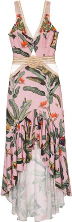 Embroidered Tropical Print Belted Midi Dress