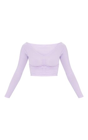 Lilac Slinky Ruched Front Long Sleeve Crop Top | PrettyLittleThing USA