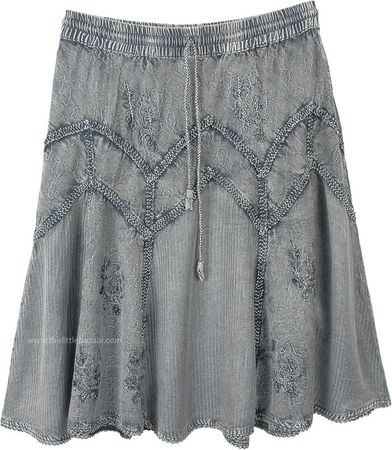 Ash Gray Medieval Styled Rayon Knee Length Skirt | Short-Skirts | Grey | Stonewash, Solid,Western-Skirts