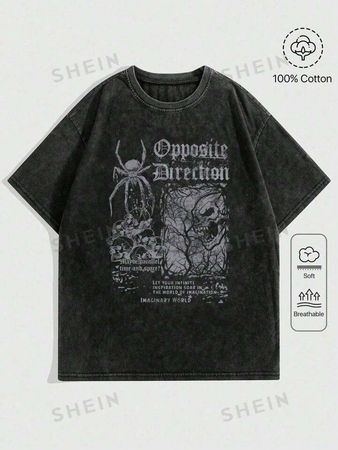 ROMWE Grunge Punk Plus Size Black Spider & Skull With Slogan Print T-Shirt | SHEIN