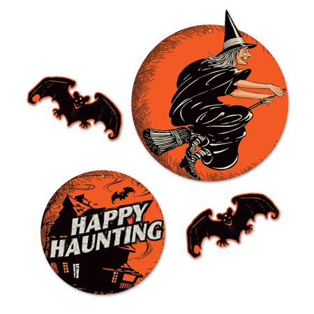 Beistle Set of 4 11.75"-18.25" Vintage Halloween Witch and Bat Cutouts | Beistle Halloween | Halloween home decor | Vintage Halloween decor