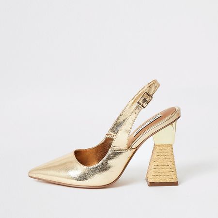 Gold slingback woven heel court shoes | River Island