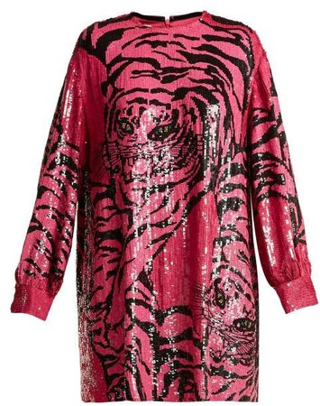 Tiger Sequin Embellished Silk Chiffon Mini Dress - Womens - Pink Print