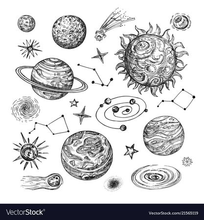 Hand drawn sun planets stars comet asteroid Vector Image