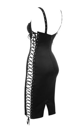 Clothing : Bodycon Dresses : 'Katt' Black Satin Side Lace Dress
