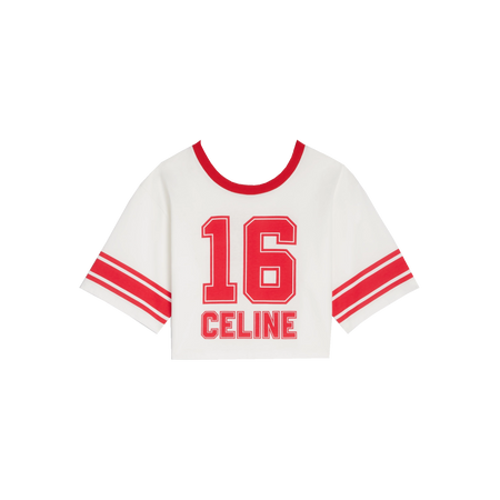 CELINE 16 CROPPED T-SHIRT IN COTTON JERSEY OFF WHITE/RED