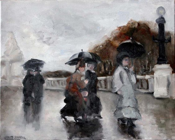 Cindy Shaoul - Rainy Day Stroll in Paris, Impressionist Street Scene For Sale at 1stDibs