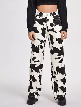 Cow Print Wide Leg Jeans | SHEIN USA