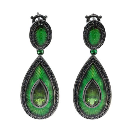 Mousson Atelier Green Tourmaline 3.64 Carat Black Sapphire 18 Karat Black Gold Enamel Earrings