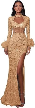 Amazon.com: Cutout Mermaid Prom Dress Long Sleeve Feather Sheer Formal Dress for Women with Slit Sequin DR0185 : Clothing, Shoes & Jewelry