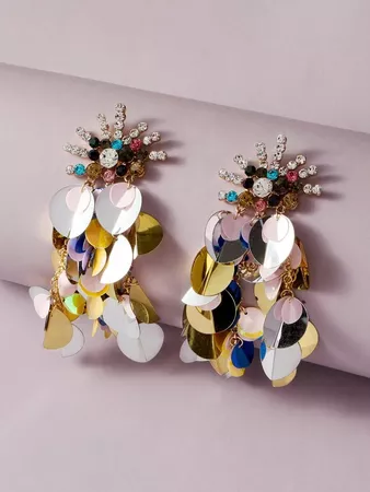 1pair Colorful Rhinestone Decor Sequin Drop Earrings | SHEIN