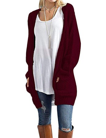 GRECERELLE Women's Loose Open Front Long Sleeve Solid Color Knit Cardigans Sweater Blouses with Packets Wine Red-L at Amazon Women’s Clothing store