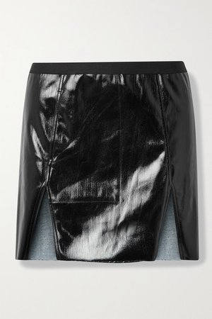 Frayed Coated Cotton-blend Mini Skirt - Black