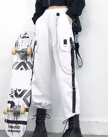 Amazon.com: White Cargo Pants with Chain Kpop Fashion Gothic Clothes for Women Emo Pants Aesthetic Pants for Teens Cyberpunk Pants : Clothing, Shoes & Jewelry