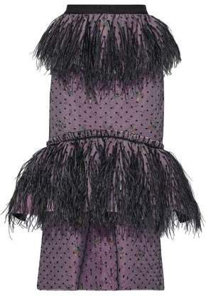 Feather-embellished Embroidered Tulle Peplum Midi Skirt
