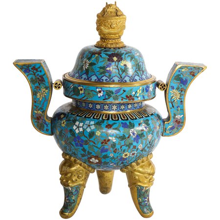 Antique Chinese Cloisonné Enamel Tripod Censor and Dragon Finial Cover For Sale at 1stDibs